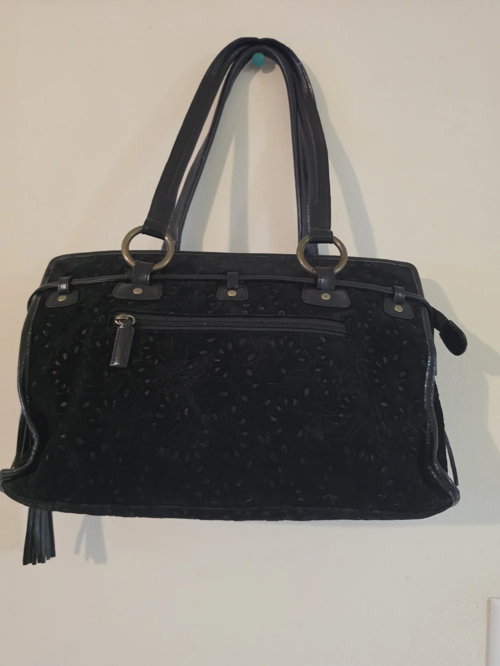 Black Embossed Leather Shoulder Bag with Buckle Pockets